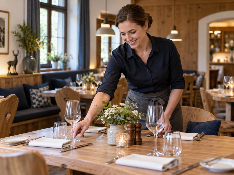 Gastgeber bereitet einen Tisch in einem einladenden Restaurant vor.