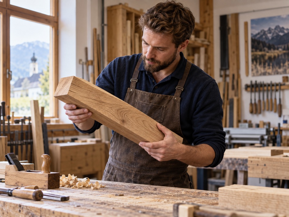 Handwerker prüft ein Werkstück in einer Schreinerei.