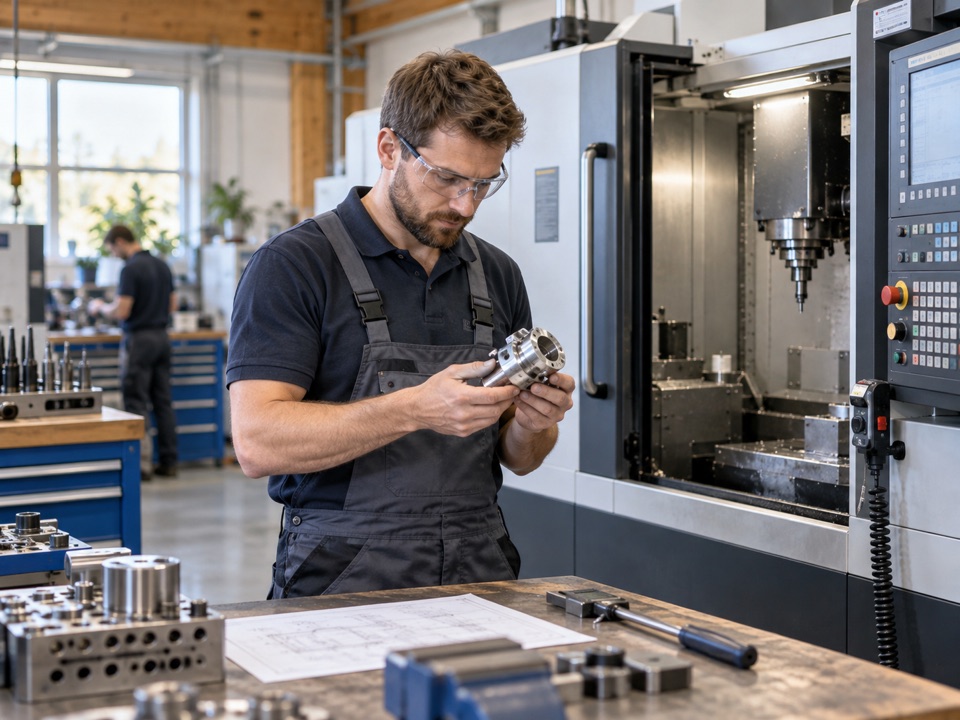 Fachkraft prüft ein Metallbauteil in einer modernen Fertigung.