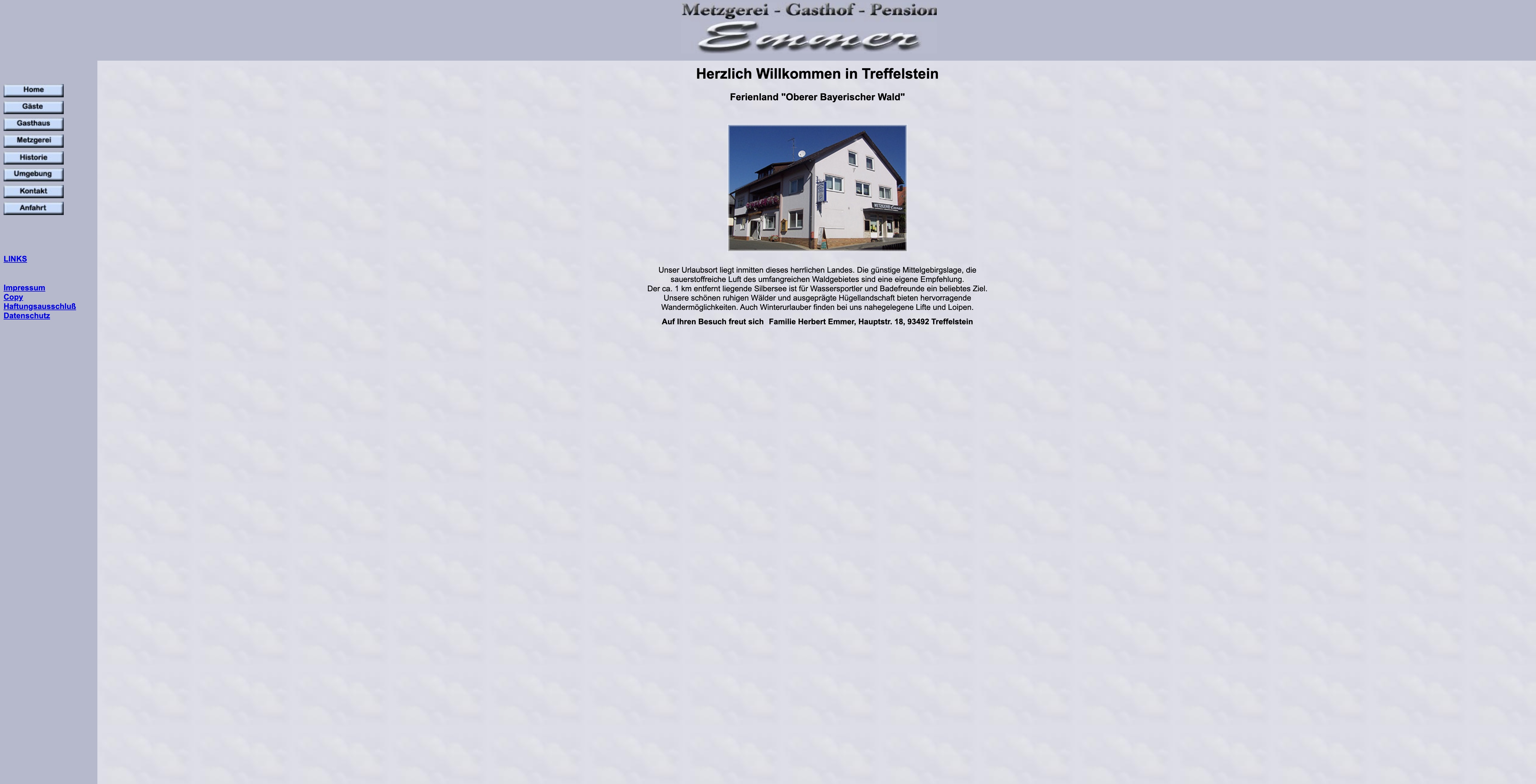 Bisherige Website der Metzgerei Emmer mit linker Seitennavigation und kleinem Gebäudefoto.