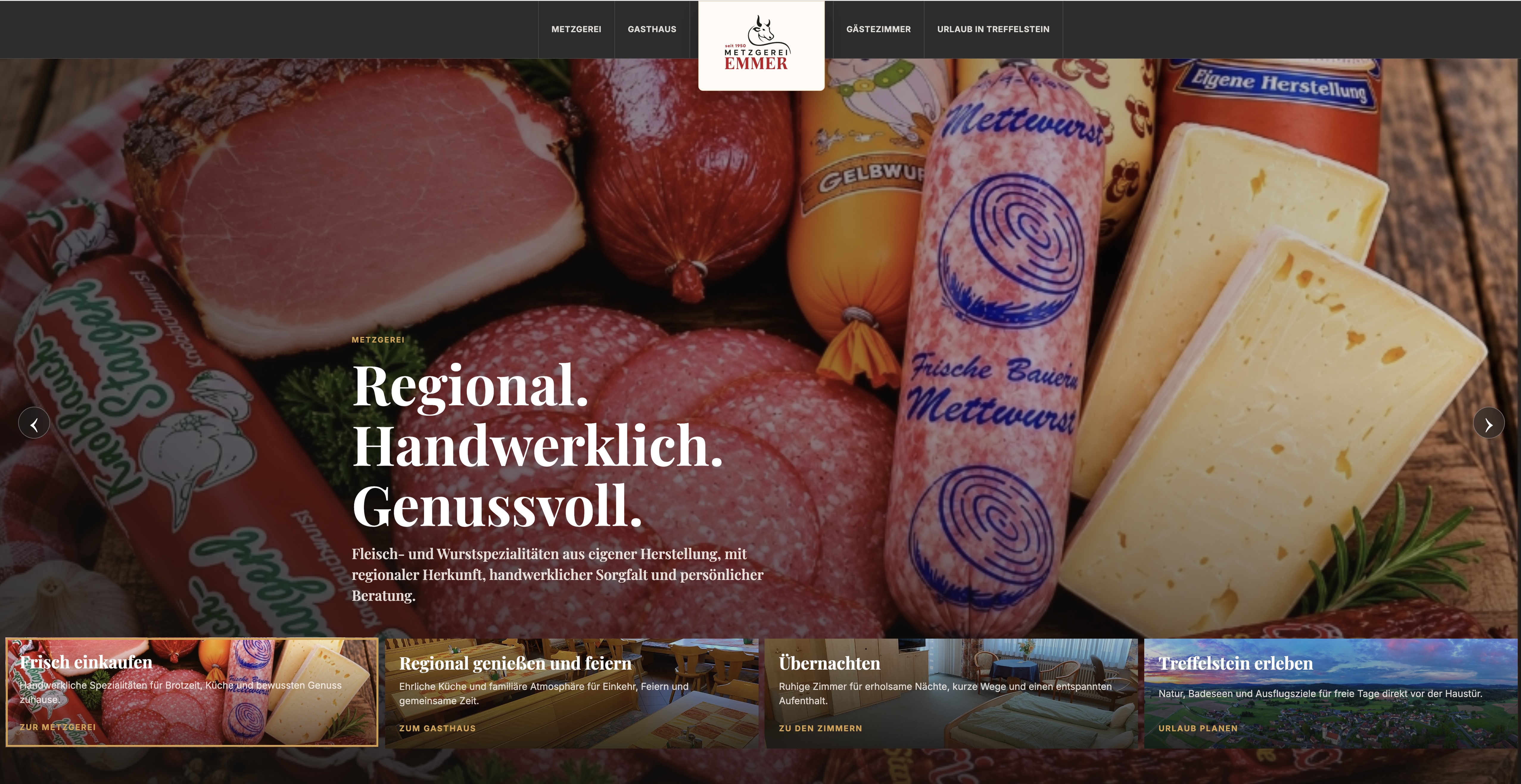Neue Website der Metzgerei Emmer mit großflächigen Produktbildern und übersichtlicher Navigation.